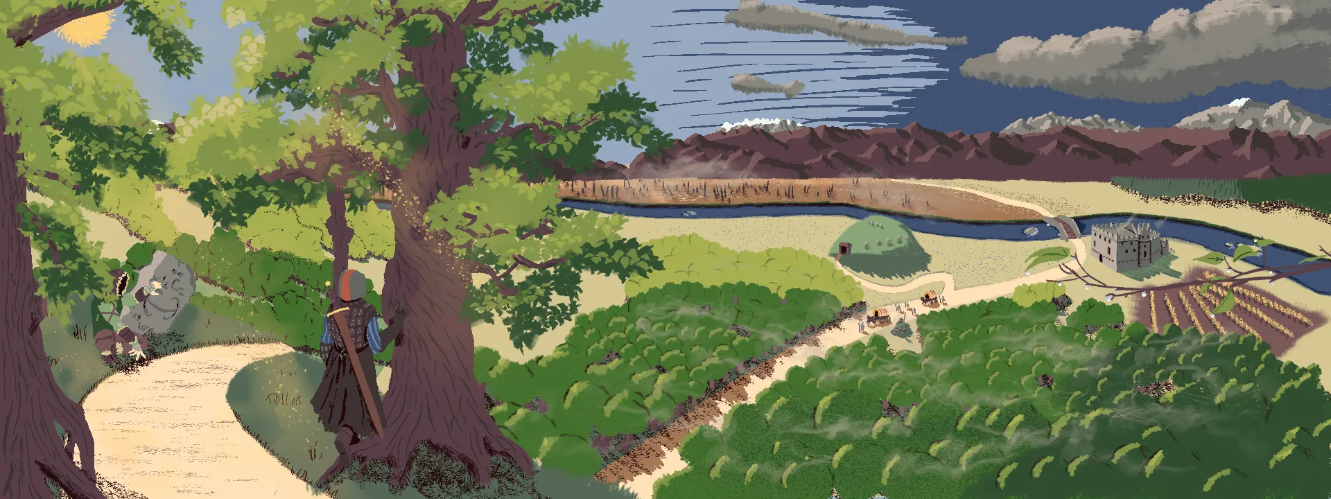 A lone traveler beneath an oak, looking out over fields toward a distant keep